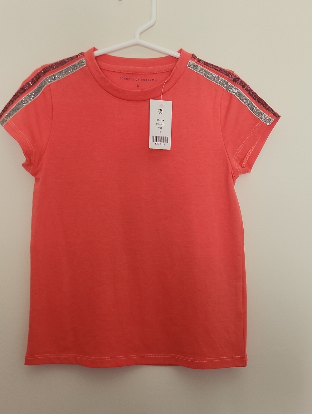 Coral Short Sleeve Tee with Silver Sequin Shoulder Stripes